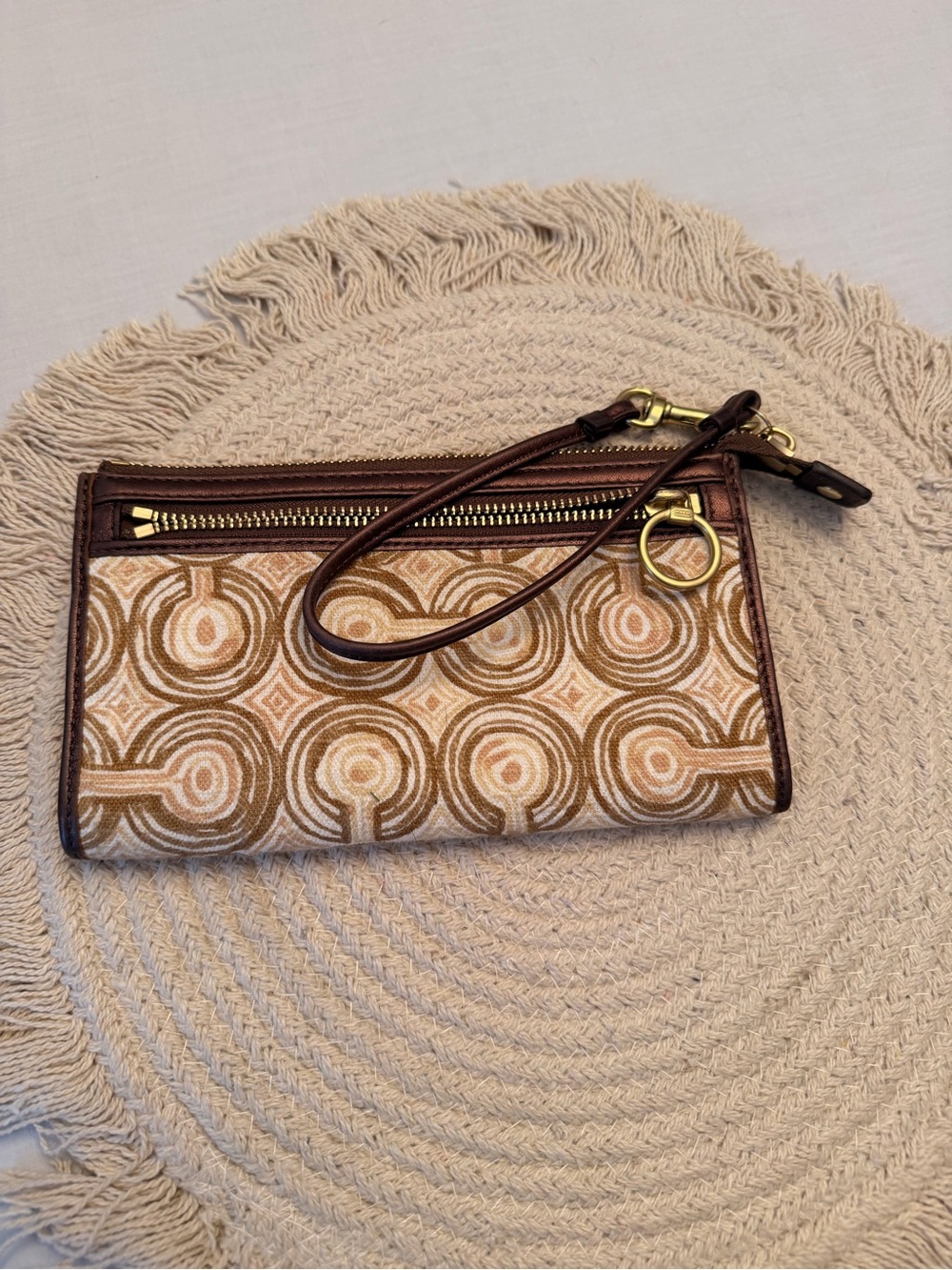 Coach Brown & Cream Patterned Wristlet Clutch